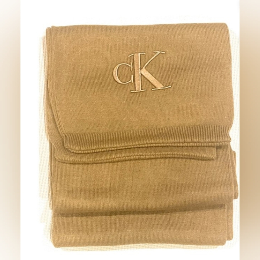 CALVIN KLEIN browm Embroidered Monogram Logo Scarf
